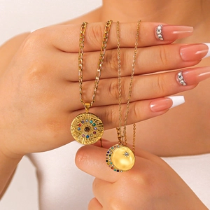 18K gold plated stainless steel zodiac and crescent moon necklaces with colorful zircons