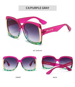 Three-view display of square pink sunglasses with leopard print and gold star details