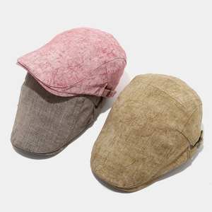 Men's outdoor breathable linen flat cap in pink, dark grey, and khaki colors