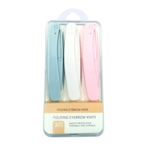3-piece set of foldable safety eyebrow razors in blue, white, and pink with portable design