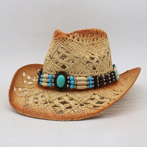 Vintage western straw cowboy hat with orange gradient brim and turquoise beaded band