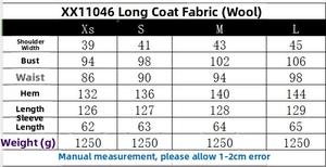 Detailed size chart for the solid color long wool coat with fabric and weight specs