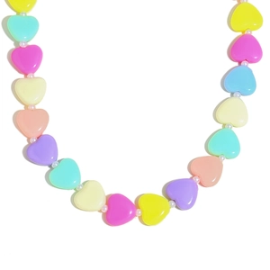Colorful acrylic heart bead necklace with vibrant multi-color charms on white background