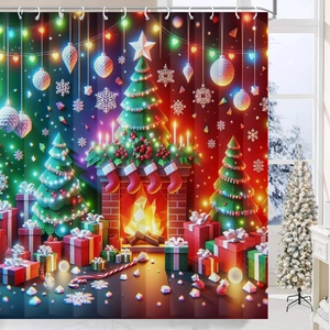 Detail of Christmas shower curtain hooks and fabric drape in a festive holiday bathroom scene