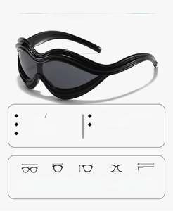 Detailed size chart and technical specifications for Y2K oversized wrap sunglasses