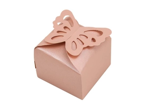Rose gold hollow butterfly gift box showing pearlescent paper texture and 3D square structure