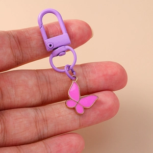 Chic pink enamel butterfly and flower keychain pendant with purple metal clasp for bags