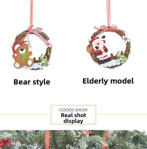 Detail view of woven Christmas wreath ornaments featuring Santa and bear figures