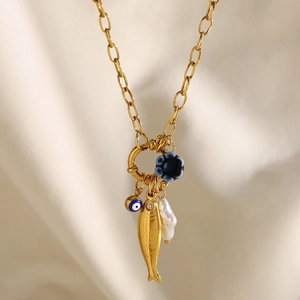 Gold paperclip necklace with evil eye, baroque pearl, fish and blue flower charms
