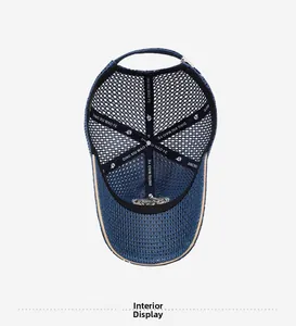 Interior view of navy blue mesh baseball cap showing breathable fabric and inner lining