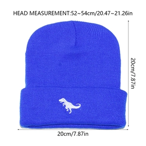 Blue knit beanie with white dinosaur embroidery showing 52-54cm size measurements