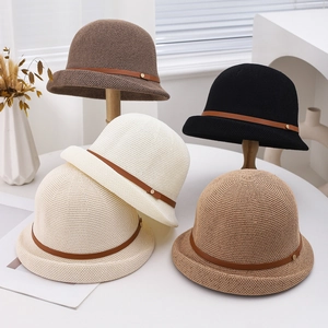 Women Bucket Hat Breathable Woven Knit Sun Protection Outdoor Summer Fisherman Hat With Leather Strap Elegant