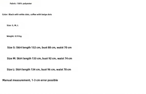 Tableau des tailles pour robe longue à pois avec mesures et détails du tissu