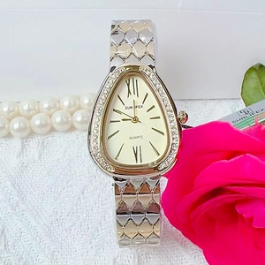 Vintage snake-head women watch with rhinestones on lace with pearls and pink roses