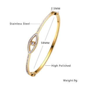 Detailed specs of stainless steel evil eye bangle with crystals and 58mm inner diameter