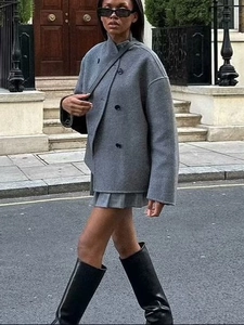 Manteau d'automne gris en laine pour femme, double boutonnage et jupe plissée