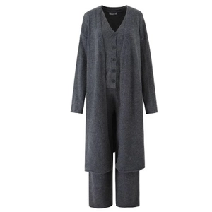 Three-piece dark grey knit set with long cardigan, button vest and wide-leg trousers
