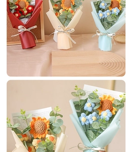 Detail of handmade crochet sunflower and daisy bouquets in red, beige and blue paper