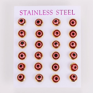 Set of 12 pairs of evil eye stud earrings in gold-tone stainless steel on display card