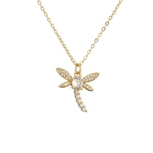 Golden dragonfly necklace with sparkling clear cubic zirconia pendants on a thin link chain