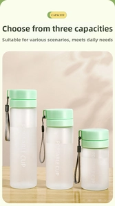 Detailed view of three frosted sports water bottles in various sizes with gray carrying straps