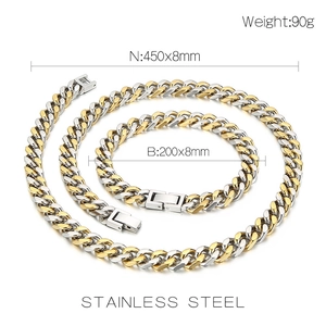 Detailed spec view of two-tone stainless steel Cuban chain necklace and bracelet set