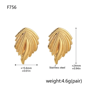 Detail view of 18K gold plated stainless steel wheat leaf earrings with size dimensions