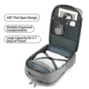 Gray versatile travel backpack with 180-degree flat opening and multi-functional layers