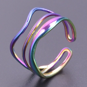 Macro shot of colorful iridescent wavy multi-layer adjustable stainless steel ring