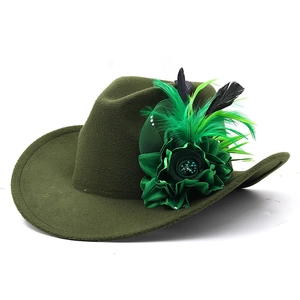 Close-up of dark green felt fedora hat featuring handcrafted satin flowers and feathers