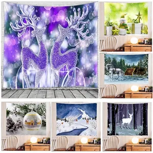 Tapisserie Murale Noël Motif Renne Bonhomme De Neige Paysage D'Hiver Tissu De Fond Décoration Salon Chambre