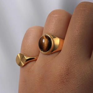 18K gold stainless steel ring set featuring tiger eye stone and sunburst engraving