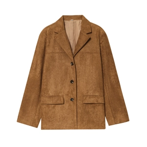 Women's brown faux suede blazer with triple button closure and front pockets in minimalist style