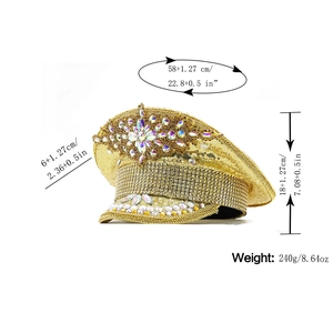 Golden sequin captain hat with rhinestones for parties, size 58cm, 18cm height