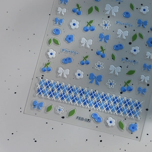 Stickers à ongles 3D à motifs myrtilles et fleurs avec nœuds et finition mate FEB-922