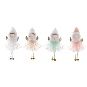 Christmas angel ornaments with mesh skirts and pointed hats in four pastel colors