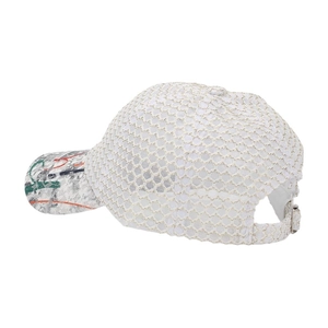 Detail of white mesh baseball cap featuring a graffiti print brim and adjustable metal buckle