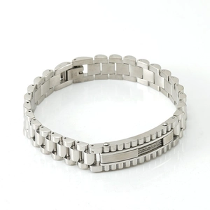 Polished silver stainless steel watch-link bracelet for men with fold-over clasp
