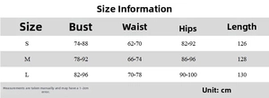 Size chart for women's strapless maxi dress showing bust waist and length in cm