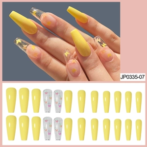 Long Coffin Press On Nails Glossy Yellow Butterfly Pattern Transparent Fake Nails With Nail File And Jelly Glue