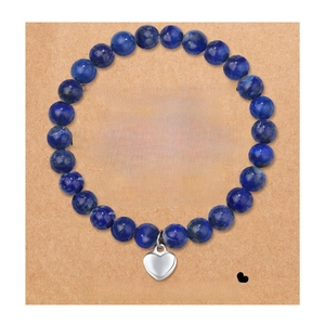 Detail of dark blue natural stone beaded bracelet with heart charm on gift message card