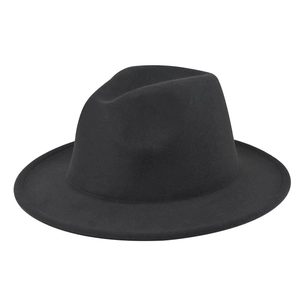 Top view of a classic black wool felt fedora hat featuring a flat brim and indented crown