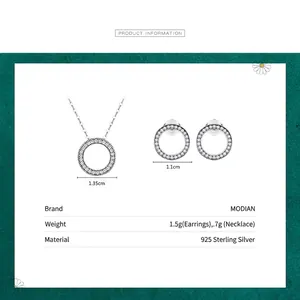 S925 sterling silver jewelry set with round pavé zircon necklace and stud earrings