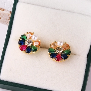 18K gold plated flower earrings with colorful zircon and pearl in green jewelry box