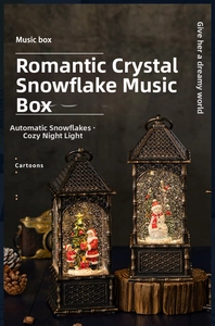 Macro detail of vintage Christmas lantern music box with snow scene and LED lighting