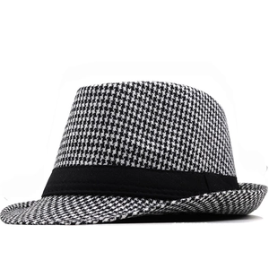 Vintage Houndstooth Fedora Hat British Style Wide Brim Jazz Cap Unisex Polyester Cotton Fashion Accessory