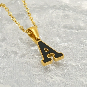 Stainless Steel Initial Letter Pendant Necklace Black Enamel Gold Plated Alphabet Jewelry For Women Fashion Accessory
