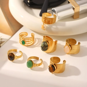 Vintage stainless steel gold rings set with natural tiger eye and green stones