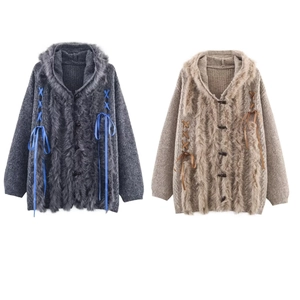 Damen Strickjacke Mit Kapuze Kunstfellbesatz Band Schnürung Hoodie Langarm Lässige Warme Pulloverjacke