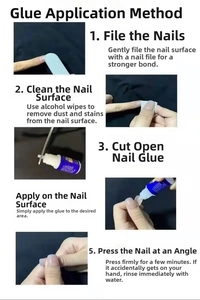 Detailed five-step tutorial guide for applying professional nail glue on false nails
